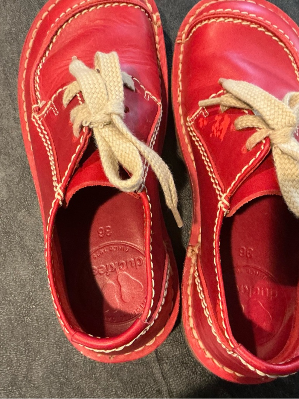 Red Leather Lace-Front Boat Flats with Contrast Cream Laces